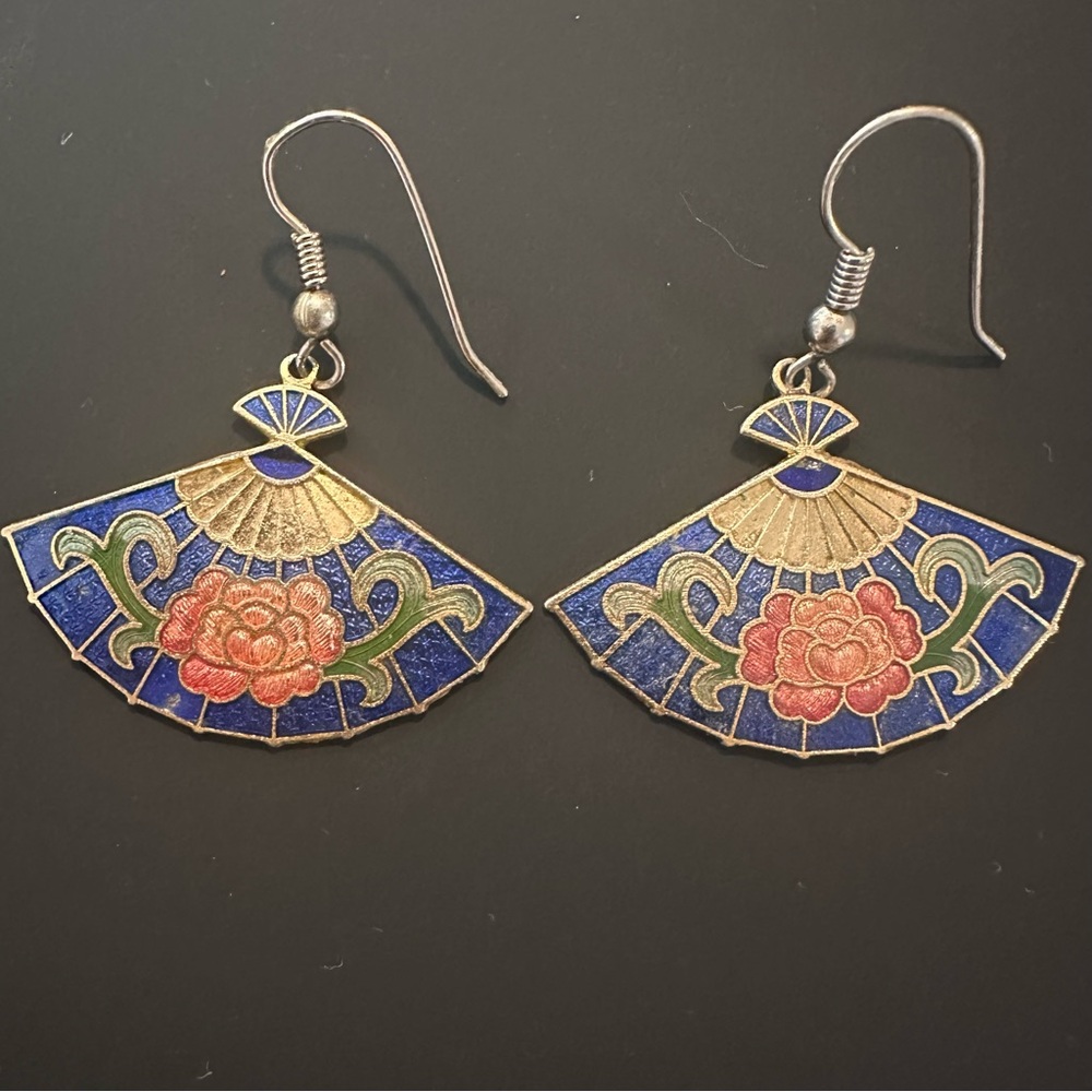 Vintage Gold tone Cloisonne Fan Blue Navy Pink Hook Dangle Earrings